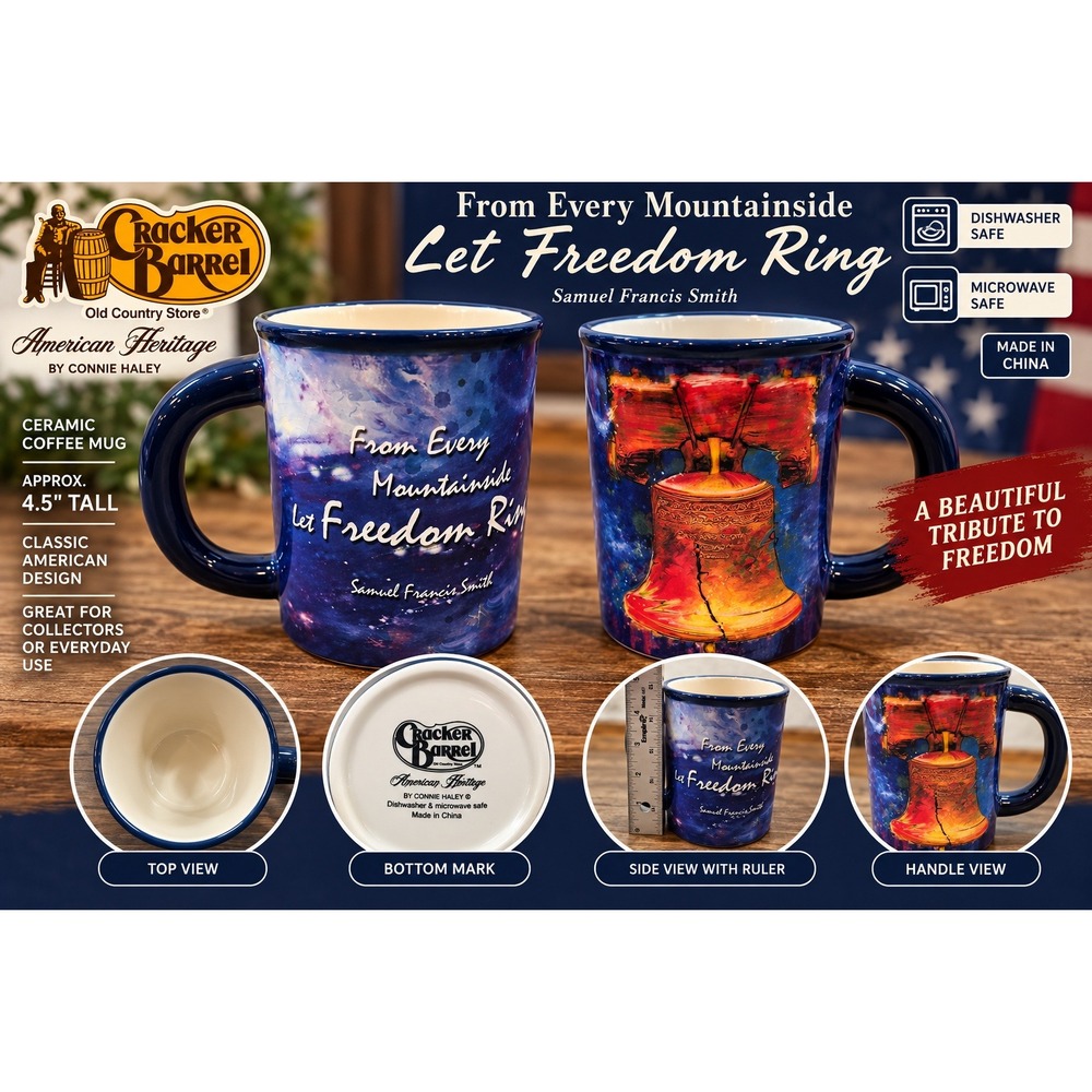Cracker Barrel American Heritage Connie Haley Liberty Bell Freedom Ring Mug 4.5"